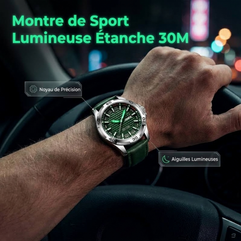 Montre-bracelet de sport à quartz lumineuse pour homme, étanche 30M
