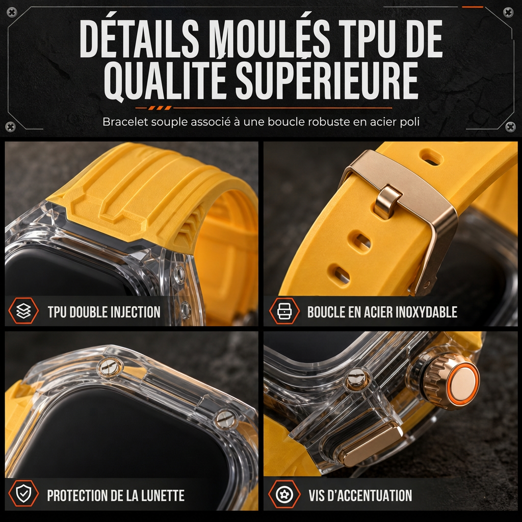 Bracelet de montre connectée intégré avec étui de protection, bracelet de sport translucide à blocs de couleurs pour montres de 40 mm, 41 mm, 42 mm, 44 mm, 45 mm, 46 mm et 49 mm
