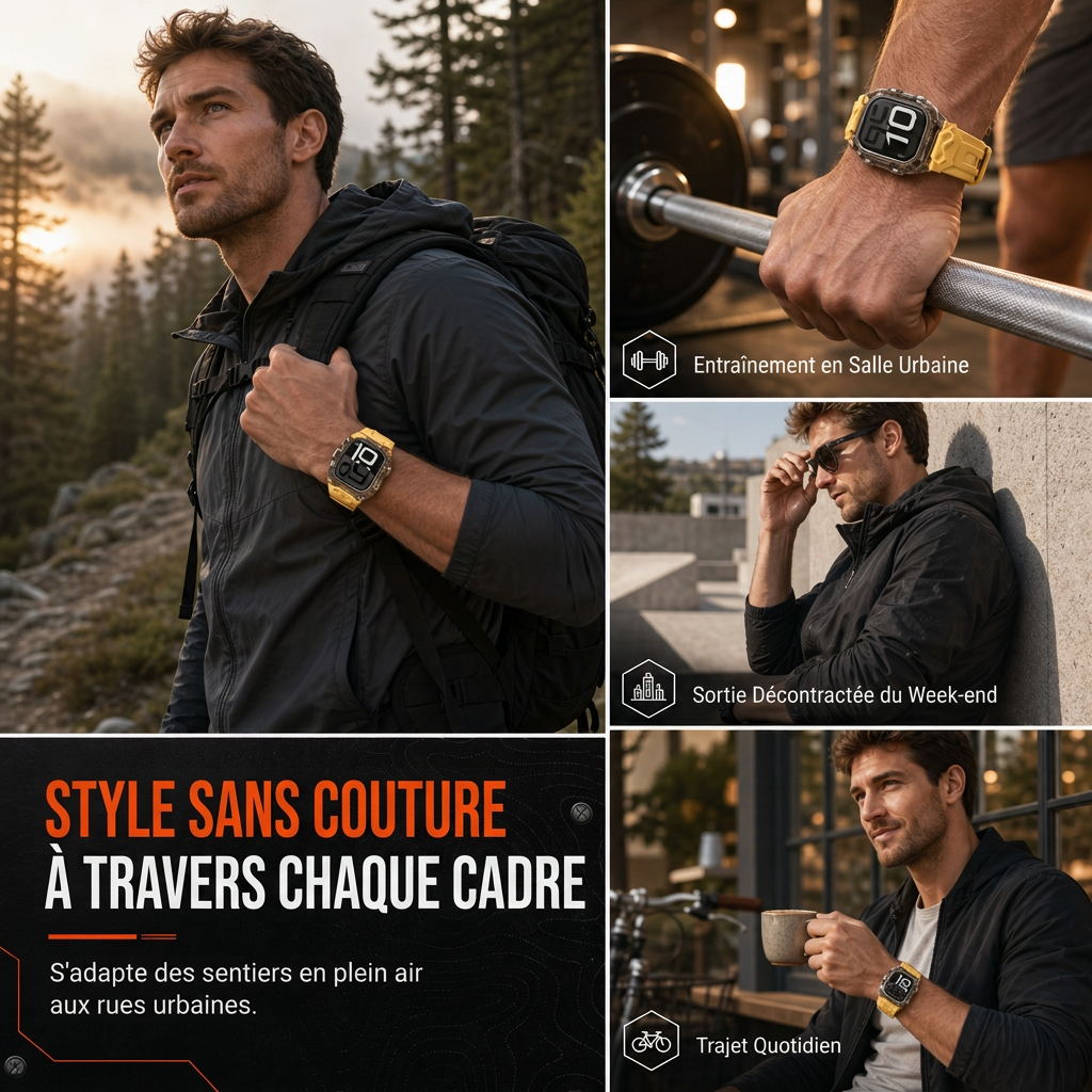 Bracelet de montre connectée intégré avec étui de protection, bracelet de sport translucide à blocs de couleurs pour montres de 40 mm, 41 mm, 42 mm, 44 mm, 45 mm, 46 mm et 49 mm