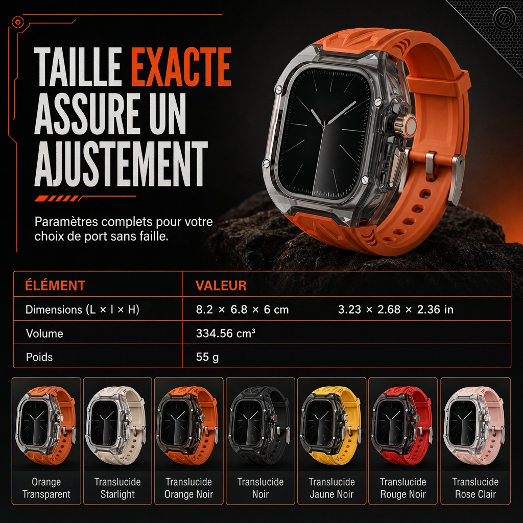 Bracelet de montre connectée intégré avec étui de protection, bracelet de sport translucide à blocs de couleurs pour montres de 40 mm, 41 mm, 42 mm, 44 mm, 45 mm, 46 mm et 49 mm