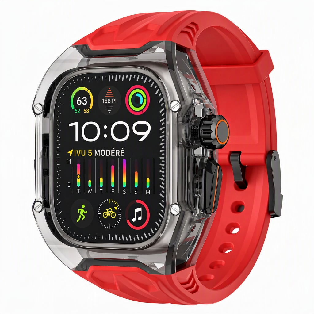 Bracelet de montre connectée intégré avec étui de protection, bracelet de sport translucide à blocs de couleurs pour montres de 40 mm, 41 mm, 42 mm, 44 mm, 45 mm, 46 mm et 49 mm