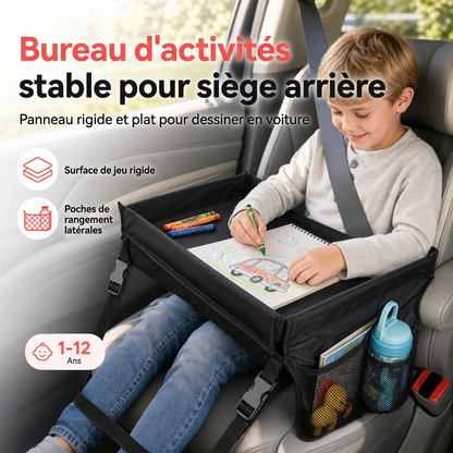 Plateau de voyage pour siège auto enfant, bureau d'activités avec planche à dessin sur les genoux et sac organisateur de rangement suspendu pour dossier de poussette