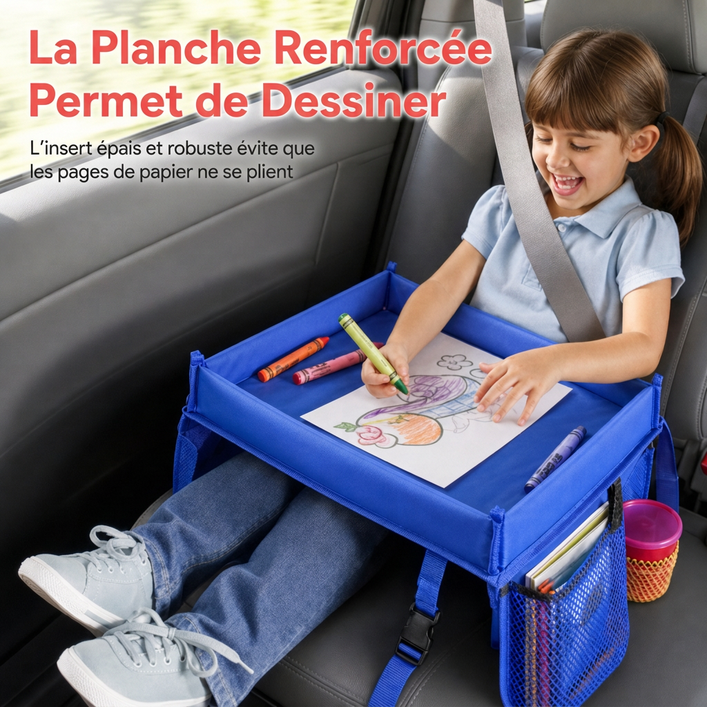 Plateau de voyage pour siège auto enfant, bureau d'activités avec planche à dessin sur les genoux et sac organisateur de rangement suspendu pour dossier de poussette