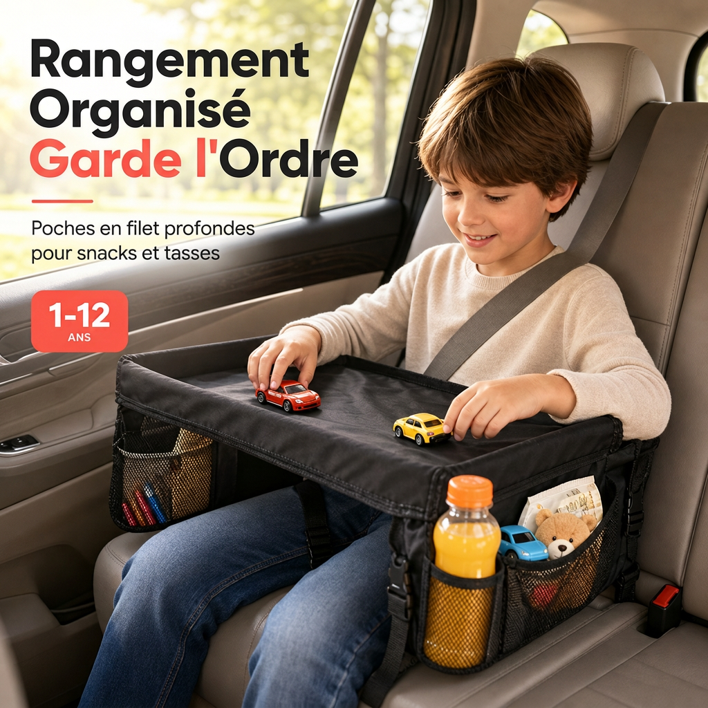 Plateau de voyage pour siège auto enfant, bureau d'activités avec planche à dessin sur les genoux et sac organisateur de rangement suspendu pour dossier de poussette