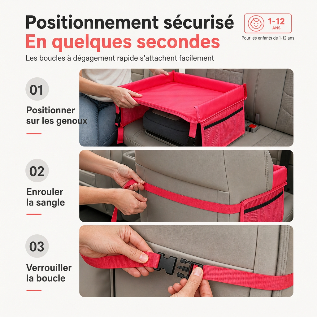 Plateau de voyage pour siège auto enfant, bureau d'activités avec planche à dessin sur les genoux et sac organisateur de rangement suspendu pour dossier de poussette