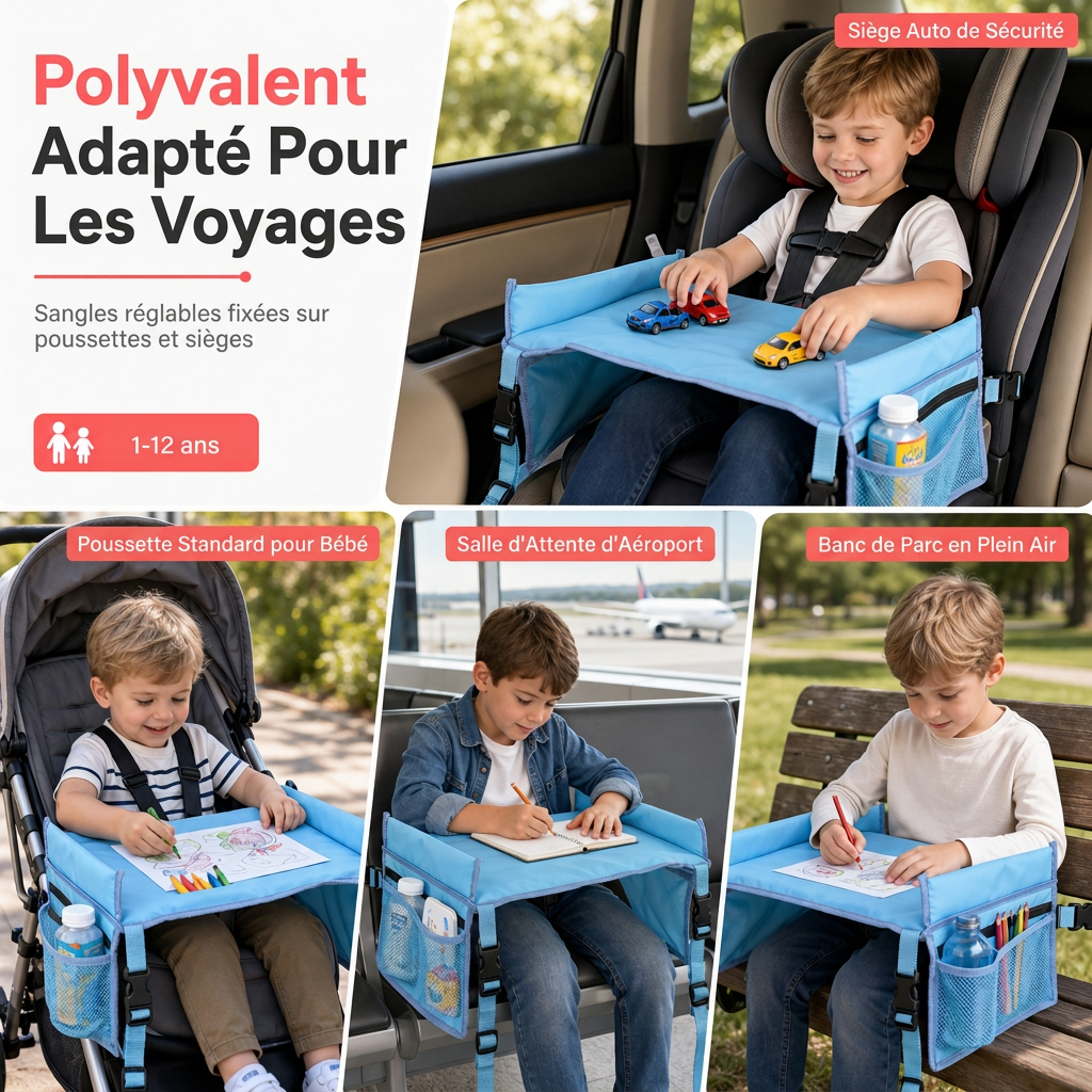 Plateau de voyage pour siège auto enfant, bureau d'activités avec planche à dessin sur les genoux et sac organisateur de rangement suspendu pour dossier de poussette