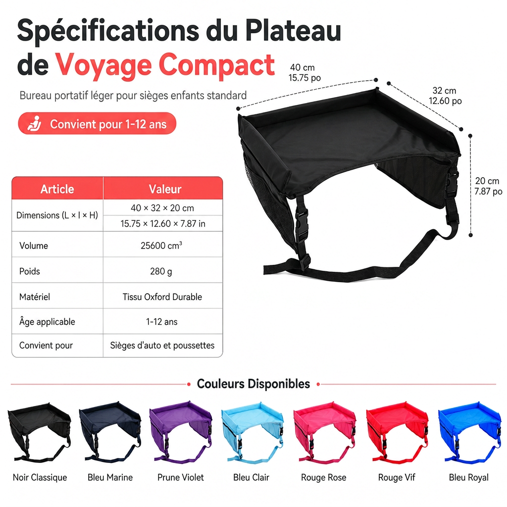 Plateau de voyage pour siège auto enfant, bureau d'activités avec planche à dessin sur les genoux et sac organisateur de rangement suspendu pour dossier de poussette