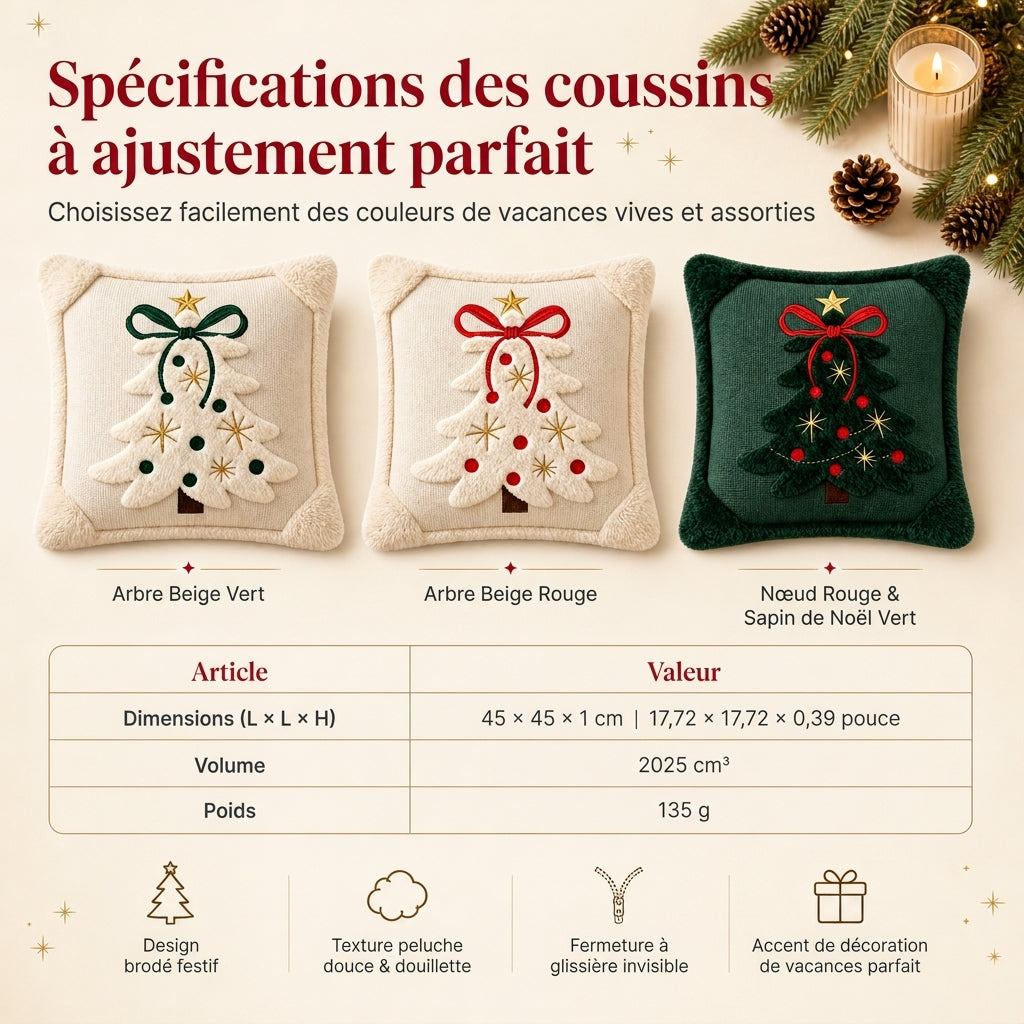 ⏳🔥OFFRE LIMITÉE : -50% ! ⏰Housse de coussin décorative sapin de Noël brodé avec nœud (45x45cm) | Pour canapé de salon🎄🧸