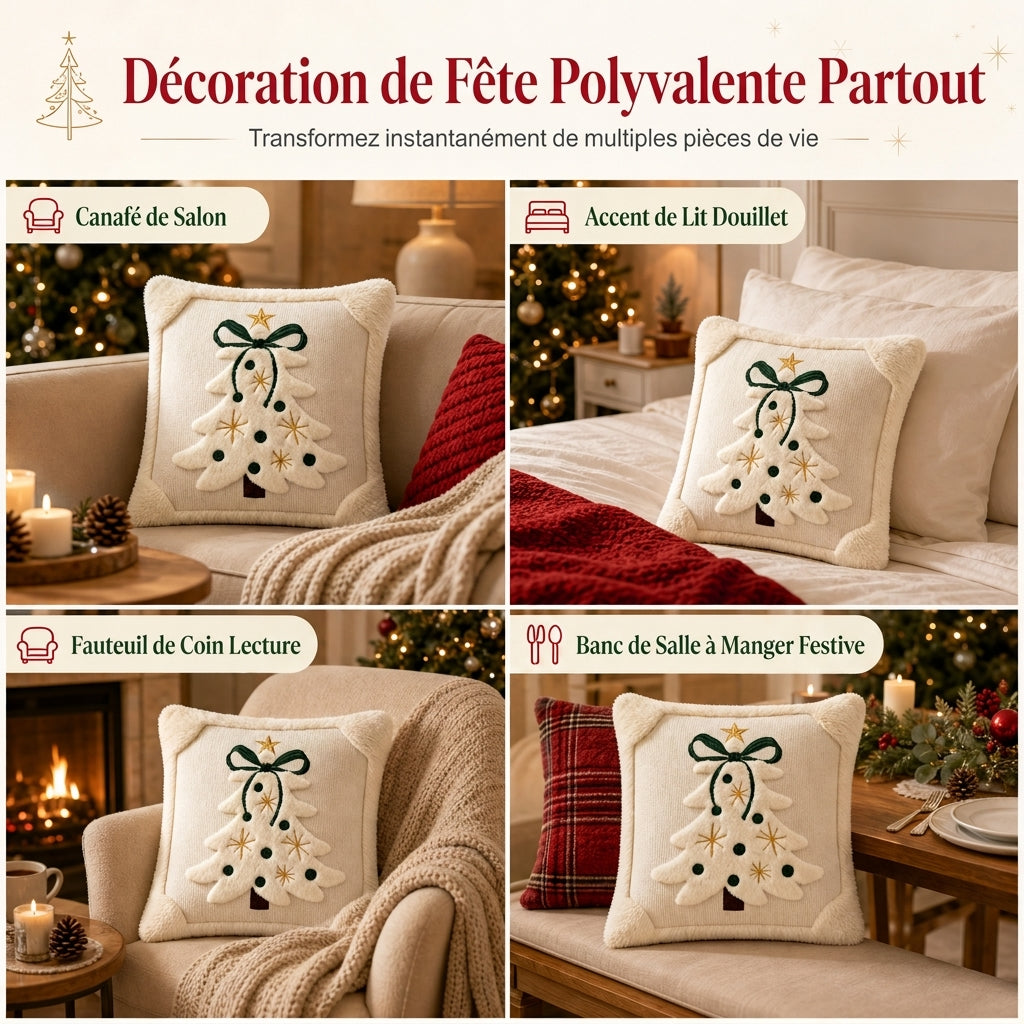 ⏳🔥OFFRE LIMITÉE : -50% ! ⏰Housse de coussin décorative sapin de Noël brodé avec nœud (45x45cm) | Pour canapé de salon🎄🧸