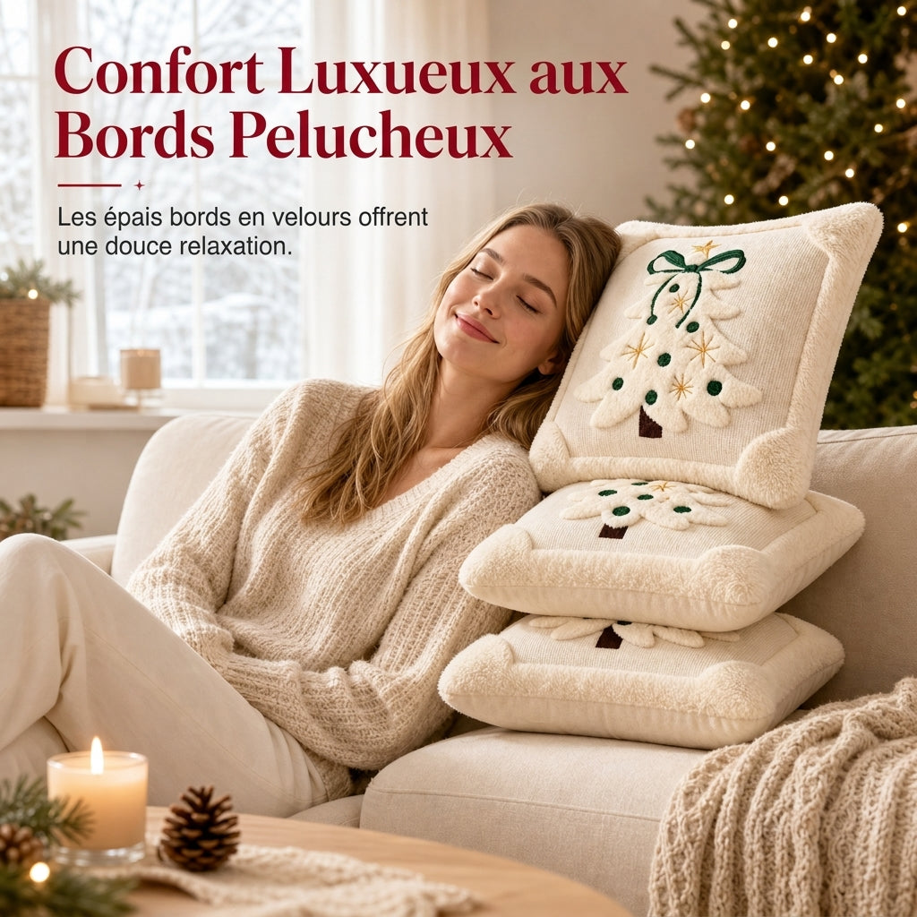 ⏳🔥OFFRE LIMITÉE : -50% ! ⏰Housse de coussin décorative sapin de Noël brodé avec nœud (45x45cm) | Pour canapé de salon🎄🧸