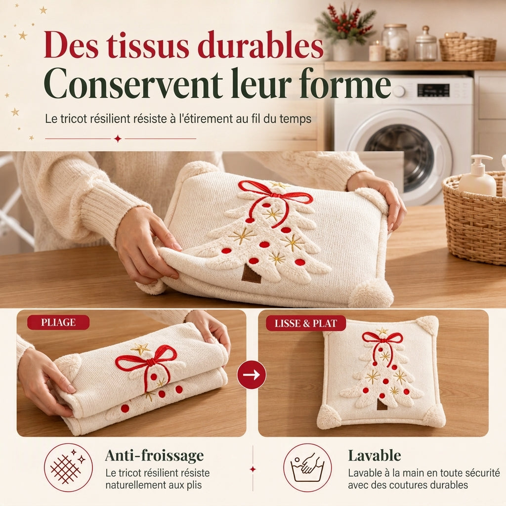 ⏳🔥OFFRE LIMITÉE : -50% ! ⏰Housse de coussin décorative sapin de Noël brodé avec nœud (45x45cm) | Pour canapé de salon🎄🧸