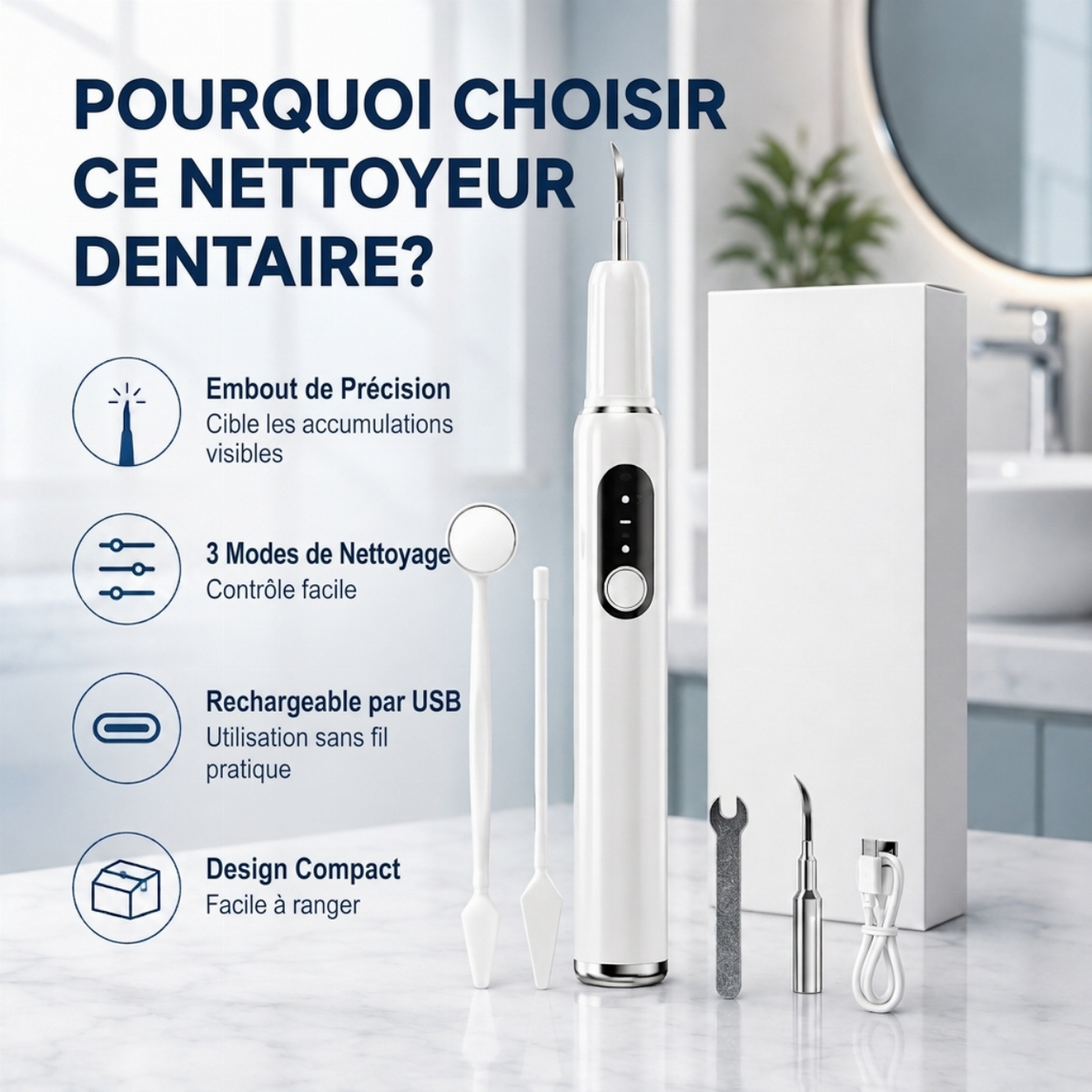 Set de nettoyeur de dents à ultrasons portable et de détartreur dentaire