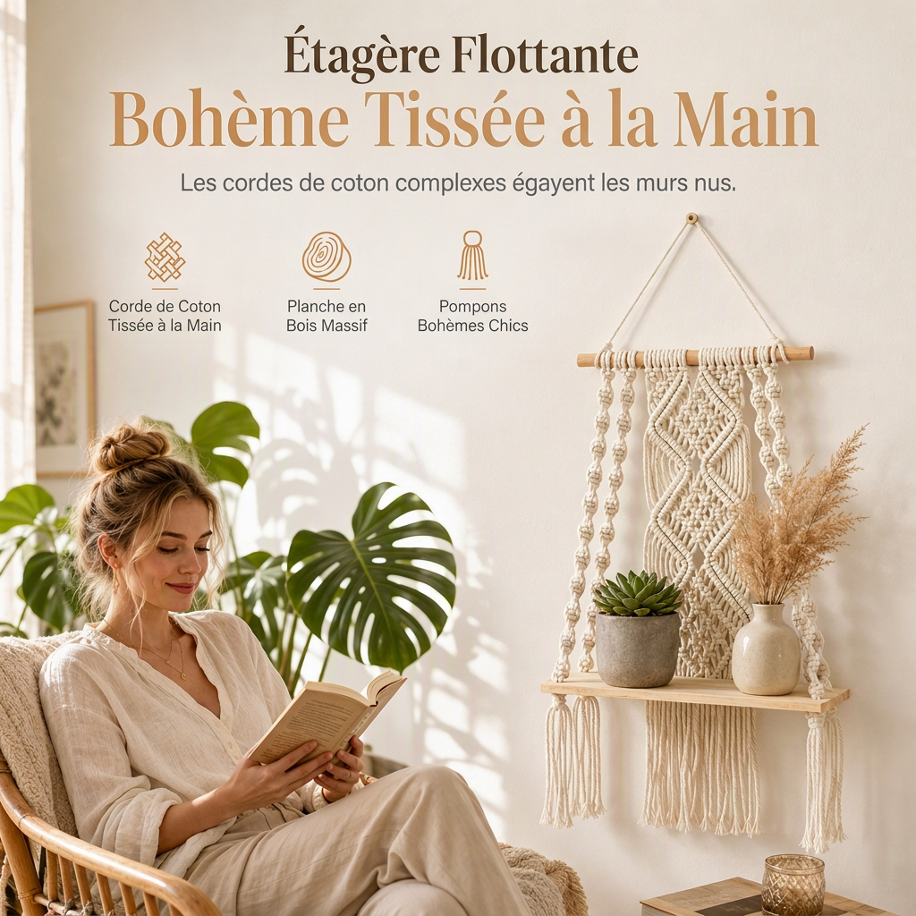 ⏳ Offre spéciale à durée limitée ⏰ Étagère murale flottante en macramé tissé à la main style bohème, pour livres et plantes, décoration de salon
