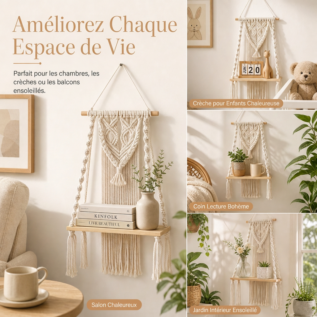⏳ Offre spéciale à durée limitée ⏰ Étagère murale flottante en macramé tissé à la main style bohème, pour livres et plantes, décoration de salon