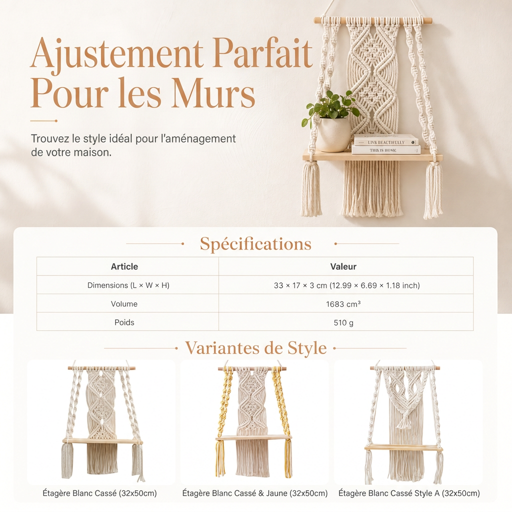 ⏳ Offre spéciale à durée limitée ⏰ Étagère murale flottante en macramé tissé à la main style bohème, pour livres et plantes, décoration de salon
