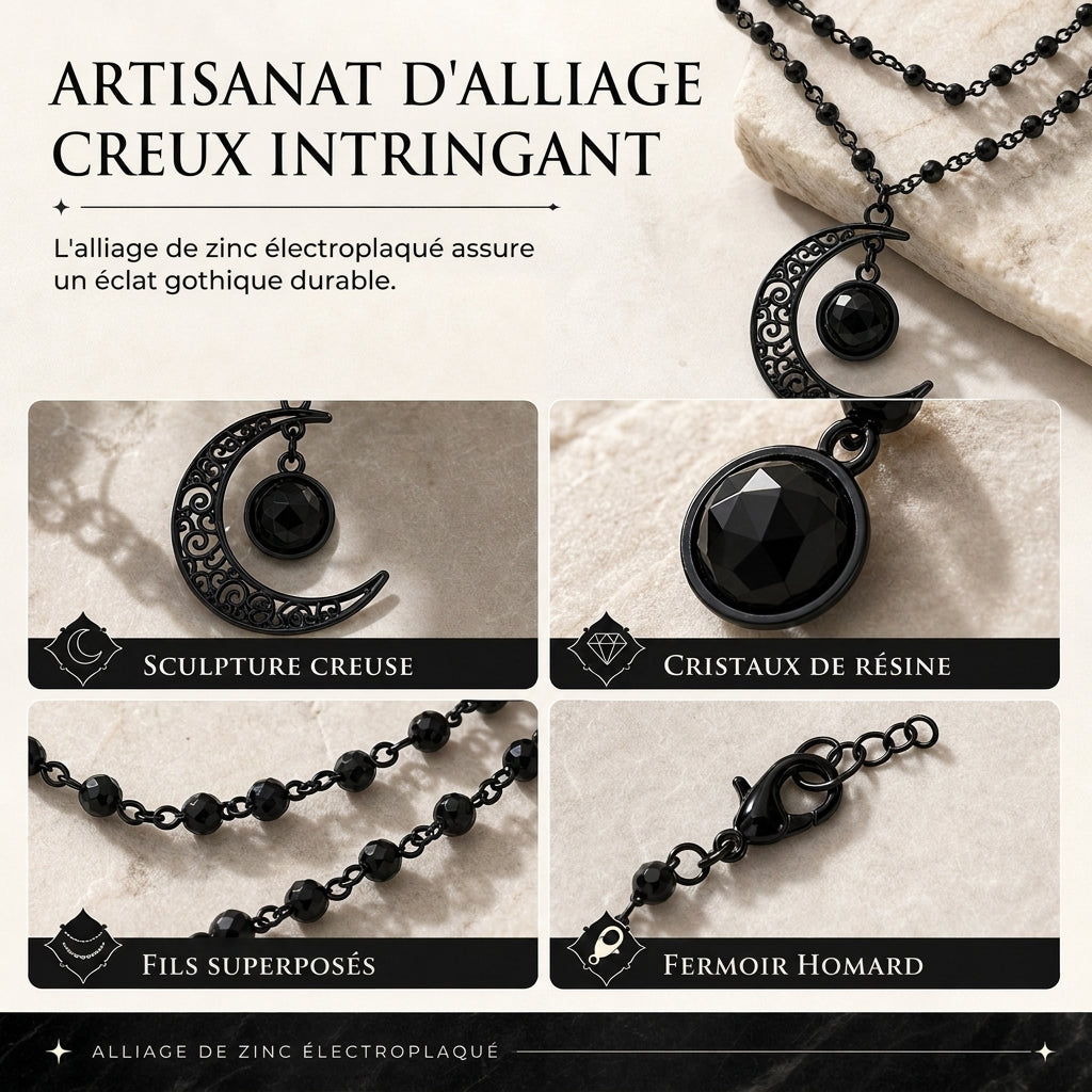 ⏳ Réduction limitée de 50 % ⏰ Collier chaîne à perles de cristal style gothique sombre avec pendentif lune évidé en alliage 🖤🌙