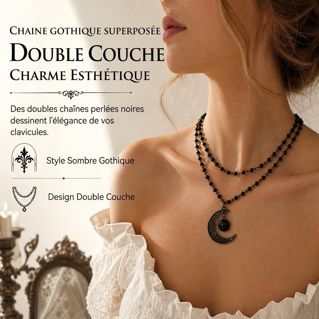⏳ Réduction limitée de 50 % ⏰ Collier chaîne à perles de cristal style gothique sombre avec pendentif lune évidé en alliage 🖤🌙