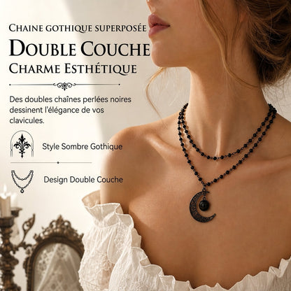 ⏳ Réduction limitée de 50 % ⏰ Collier chaîne à perles de cristal style gothique sombre avec pendentif lune évidé en alliage 🖤🌙
