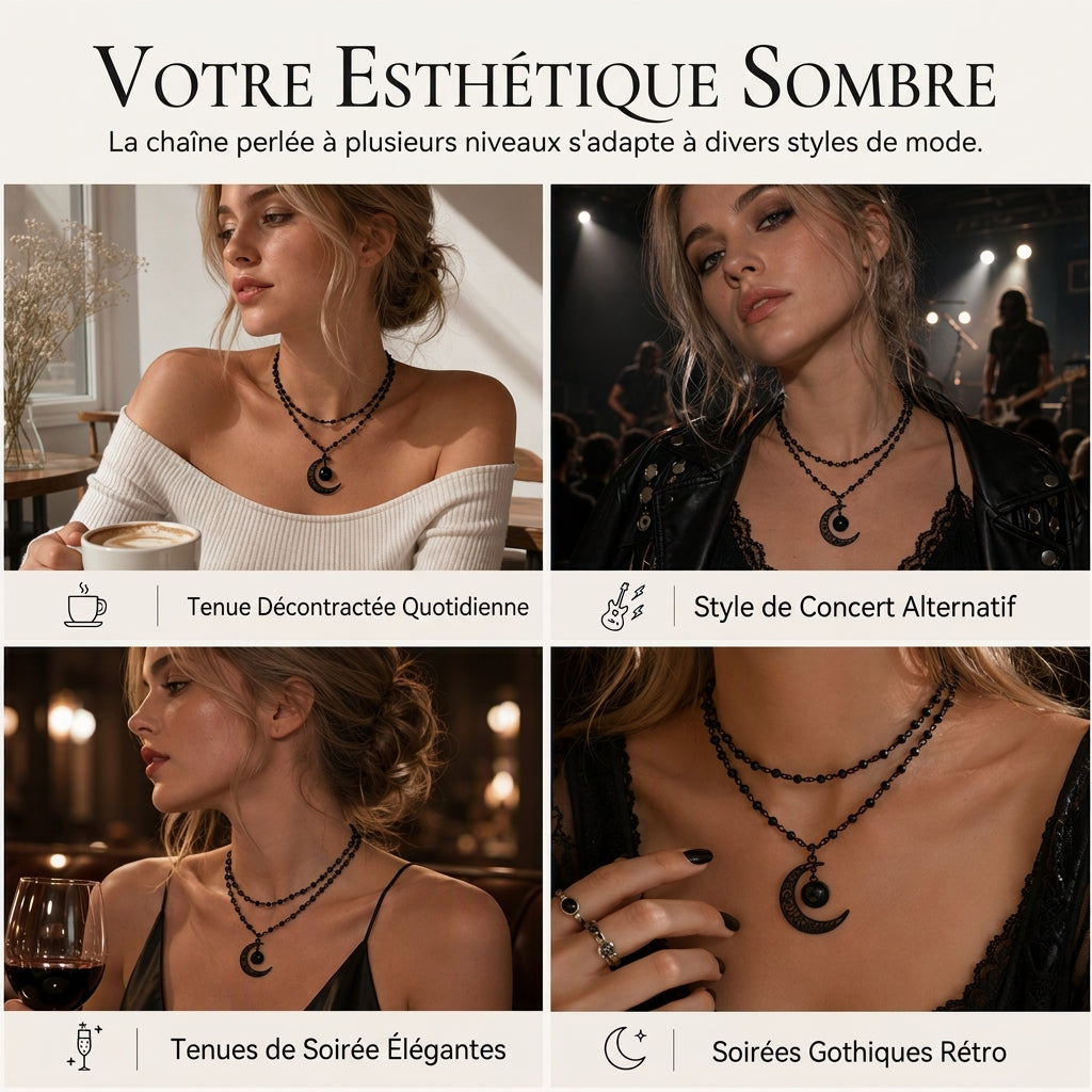 ⏳ Réduction limitée de 50 % ⏰ Collier chaîne à perles de cristal style gothique sombre avec pendentif lune évidé en alliage 🖤🌙