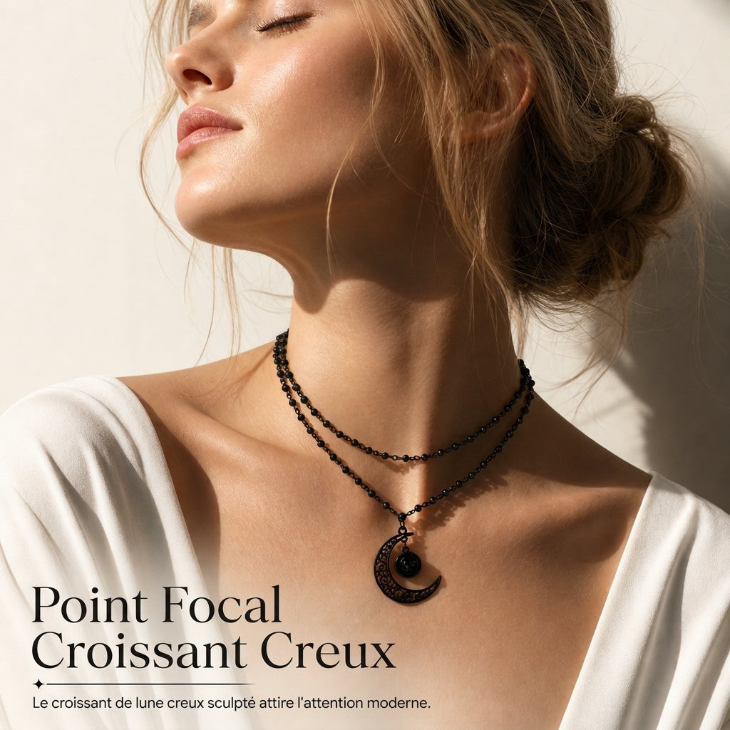 ⏳ Réduction limitée de 50 % ⏰ Collier chaîne à perles de cristal style gothique sombre avec pendentif lune évidé en alliage 🖤🌙