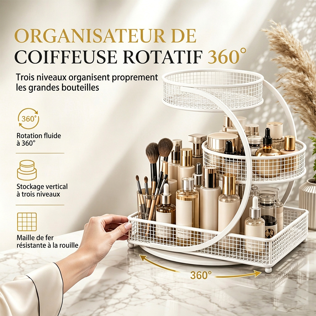 Étagère de rangement cosmétique pour coiffeuse et plan de travail de salle de bain, support de rangement de bureau pour soins de la peau et maquillage