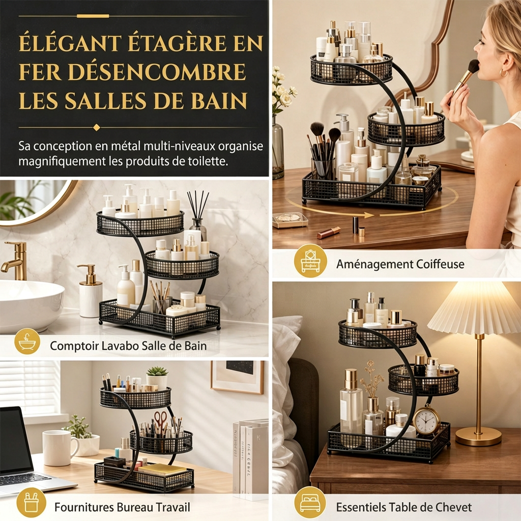 Étagère de rangement cosmétique pour coiffeuse et plan de travail de salle de bain, support de rangement de bureau pour soins de la peau et maquillage
