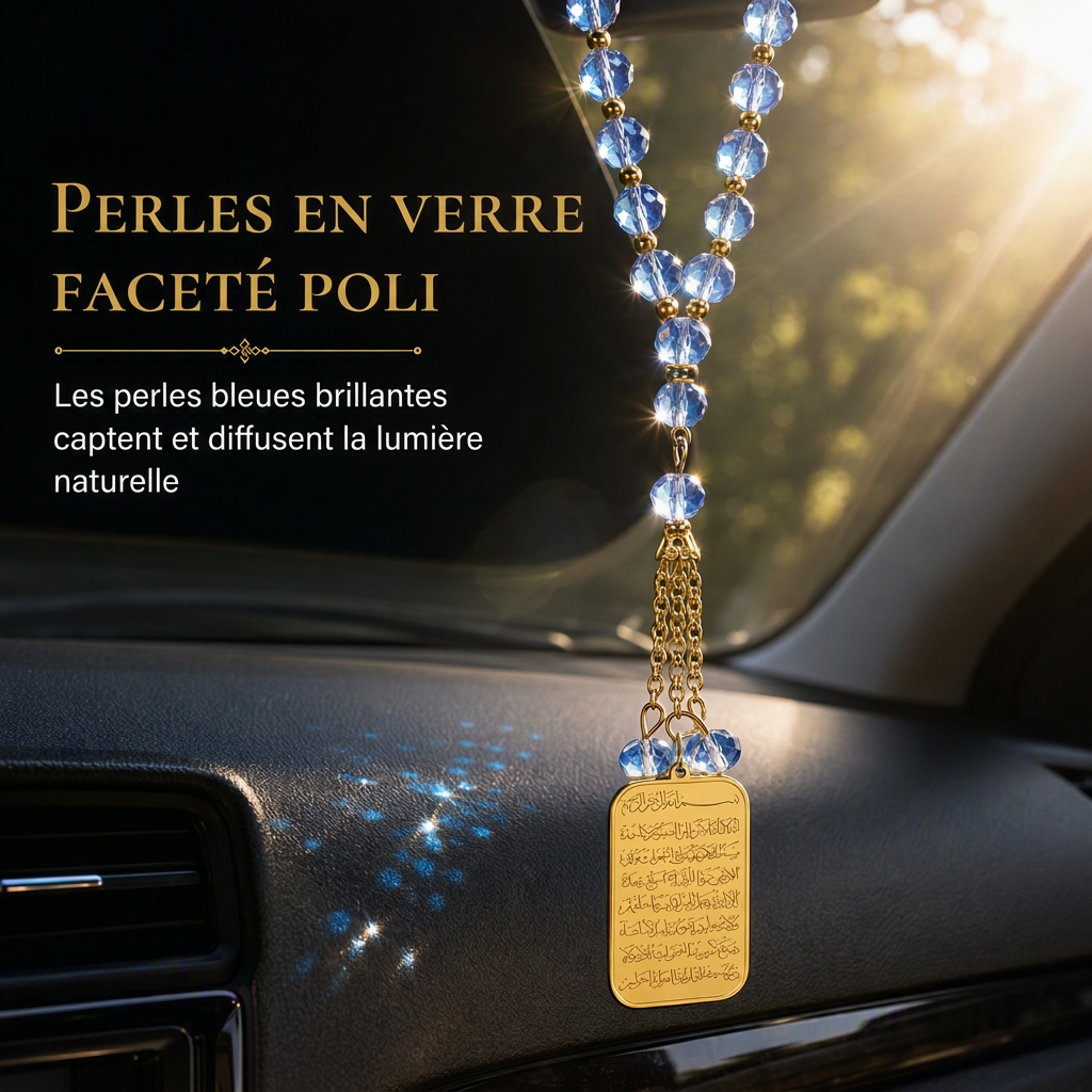 ⏳Offre à durée limitée : -50 % ⏰ Ornement de suspension pour voiture avec médaillon arabe en acier inoxydable 🏷️– Pendentif pour rétroviseur auto avec chaîne en verre bleu 🚗