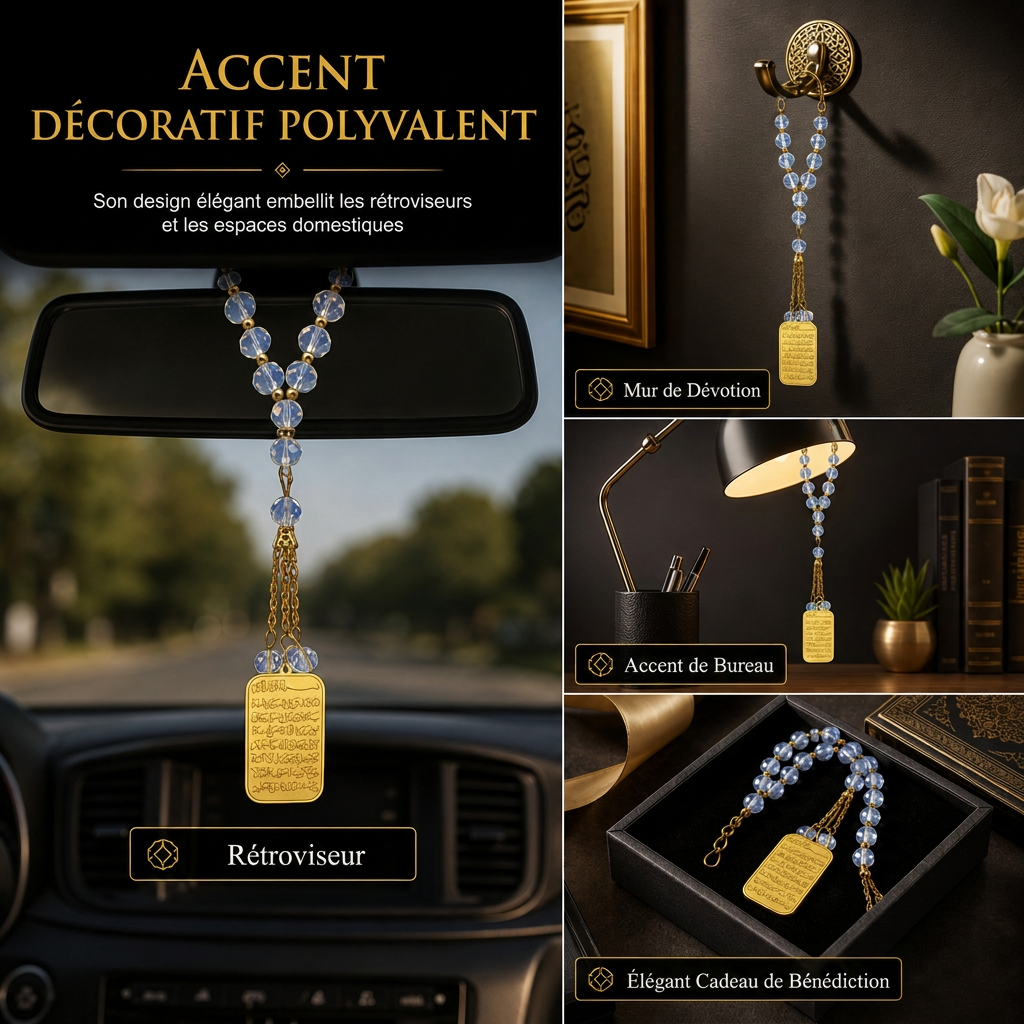 ⏳Offre à durée limitée : -50 % ⏰ Ornement de suspension pour voiture avec médaillon arabe en acier inoxydable 🏷️– Pendentif pour rétroviseur auto avec chaîne en verre bleu 🚗