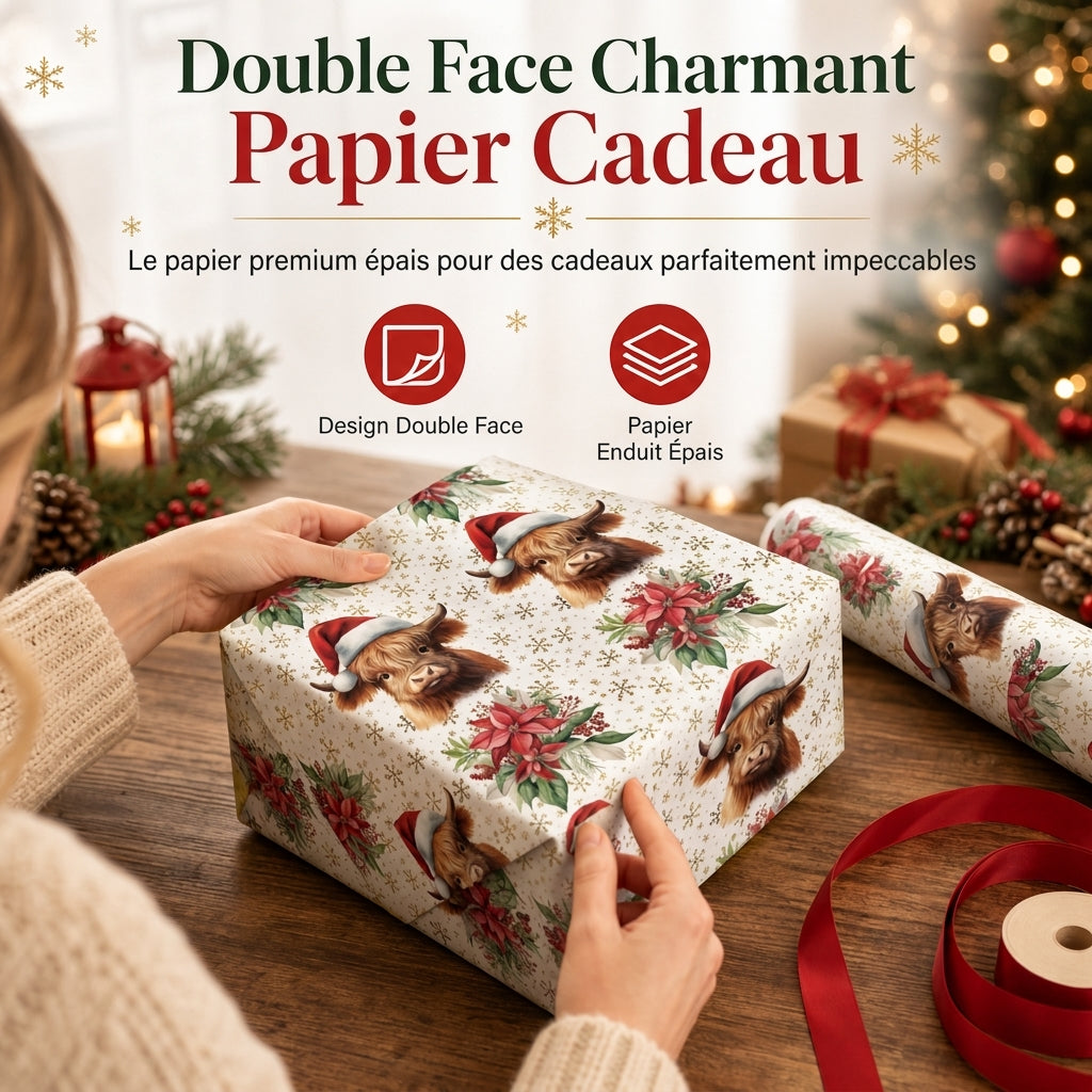 Rouleau de papier cadeau de Noël à motif de vache Highland et de fleurs, 43 x 500 cm, pour emballage de cadeaux de vacances