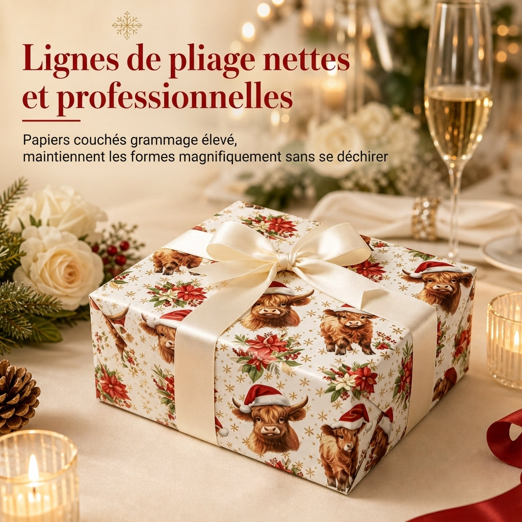 Rouleau de papier cadeau de Noël à motif de vache Highland et de fleurs, 43 x 500 cm, pour emballage de cadeaux de vacances