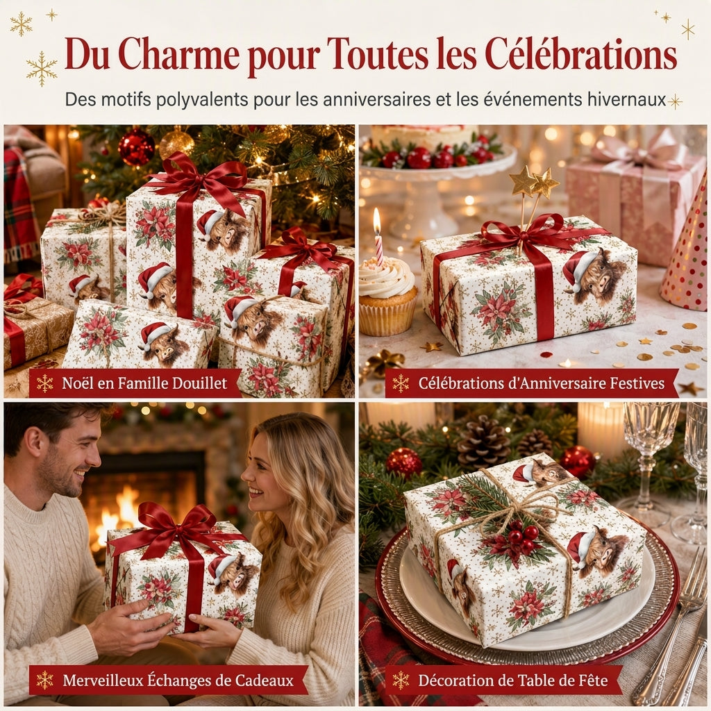 Rouleau de papier cadeau de Noël à motif de vache Highland et de fleurs, 43 x 500 cm, pour emballage de cadeaux de vacances