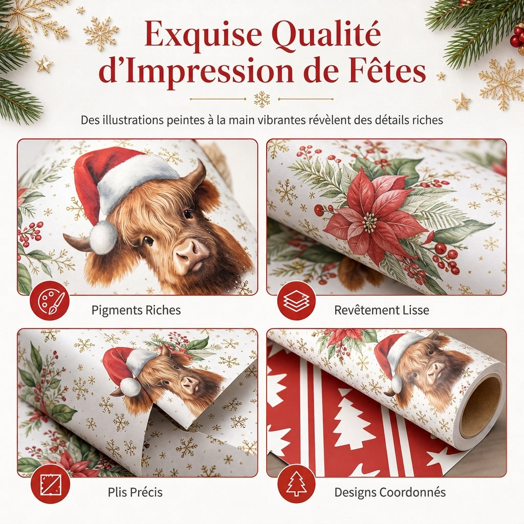 Rouleau de papier cadeau de Noël à motif de vache Highland et de fleurs, 43 x 500 cm, pour emballage de cadeaux de vacances