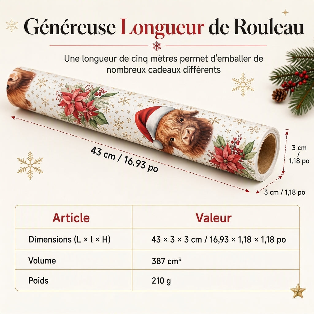 Rouleau de papier cadeau de Noël à motif de vache Highland et de fleurs, 43 x 500 cm, pour emballage de cadeaux de vacances