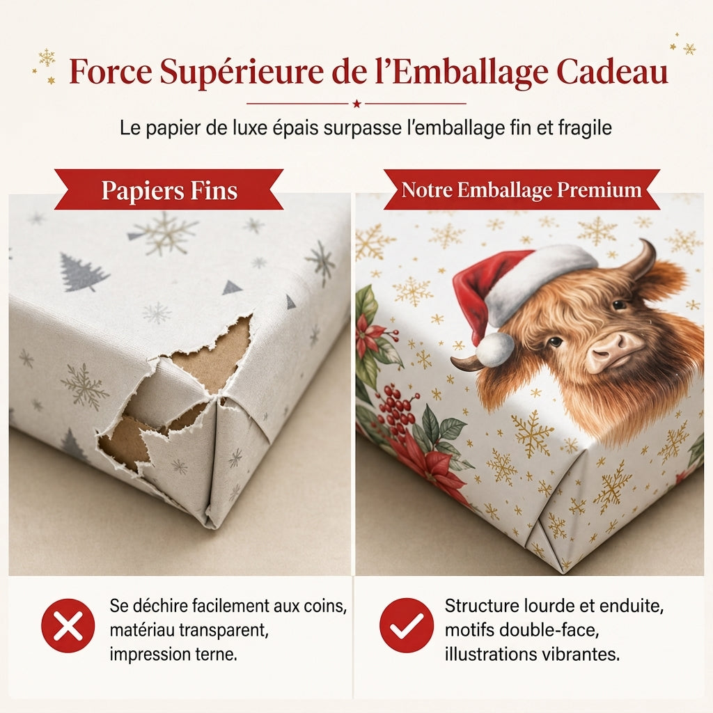 Rouleau de papier cadeau de Noël à motif de vache Highland et de fleurs, 43 x 500 cm, pour emballage de cadeaux de vacances
