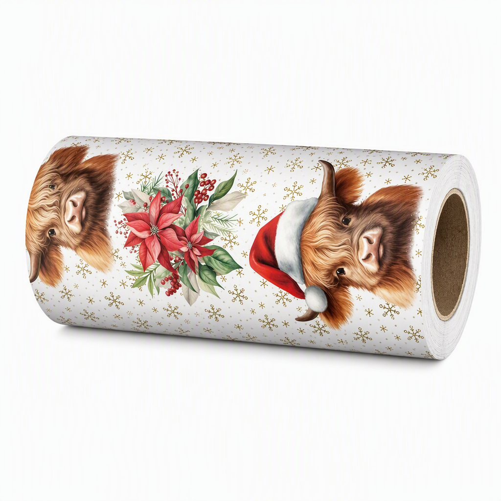 Rouleau de papier cadeau de Noël à motif de vache Highland et de fleurs, 43 x 500 cm, pour emballage de cadeaux de vacances