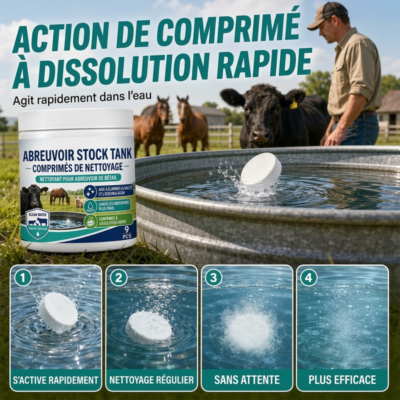 Comprimés de nettoyage pour réservoirs d'eau d'élevage à dissolution rapide