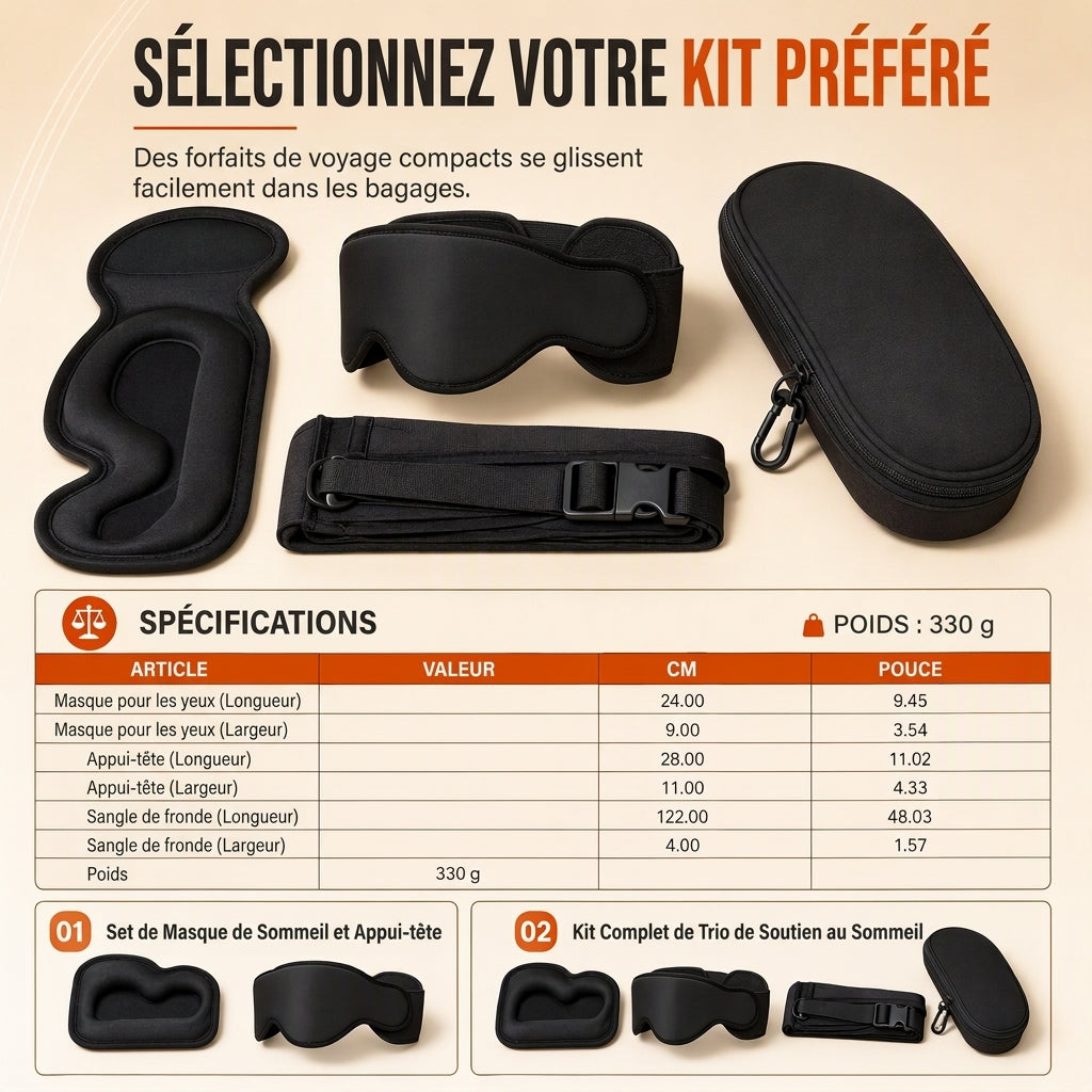 Ensemble composé d'un oreiller de voyage en mousse à mémoire de forme intégrée et d'un masque de sommeil occultant 3D pour le soutien du cou lors des déplacements