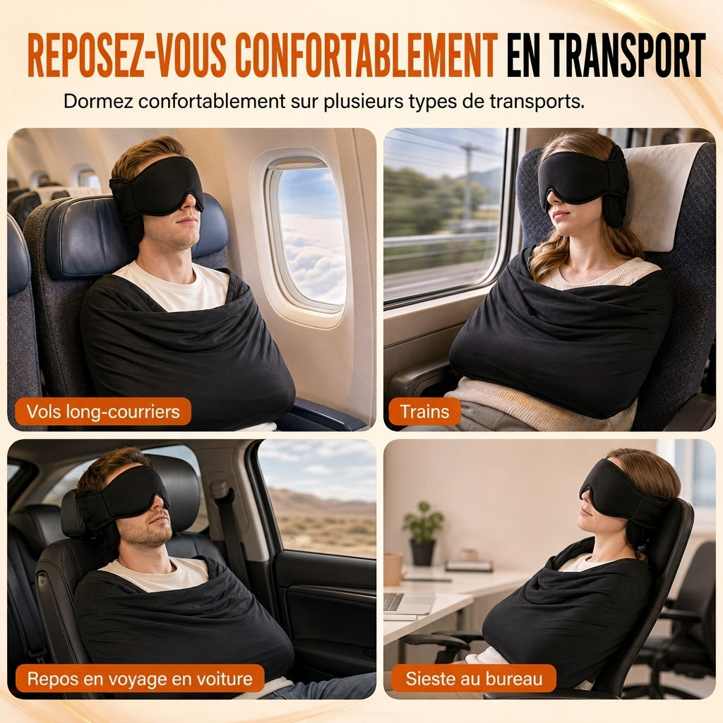 Ensemble composé d'un oreiller de voyage en mousse à mémoire de forme intégrée et d'un masque de sommeil occultant 3D pour le soutien du cou lors des déplacements