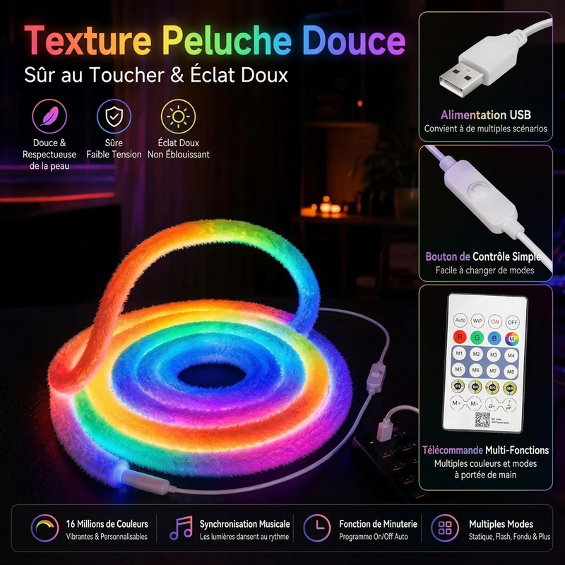 ⏳ Offre spéciale limitée dans le temps ⏰ Bande lumineuse néon en fausse fourrure – Éclairage à 360° ✨