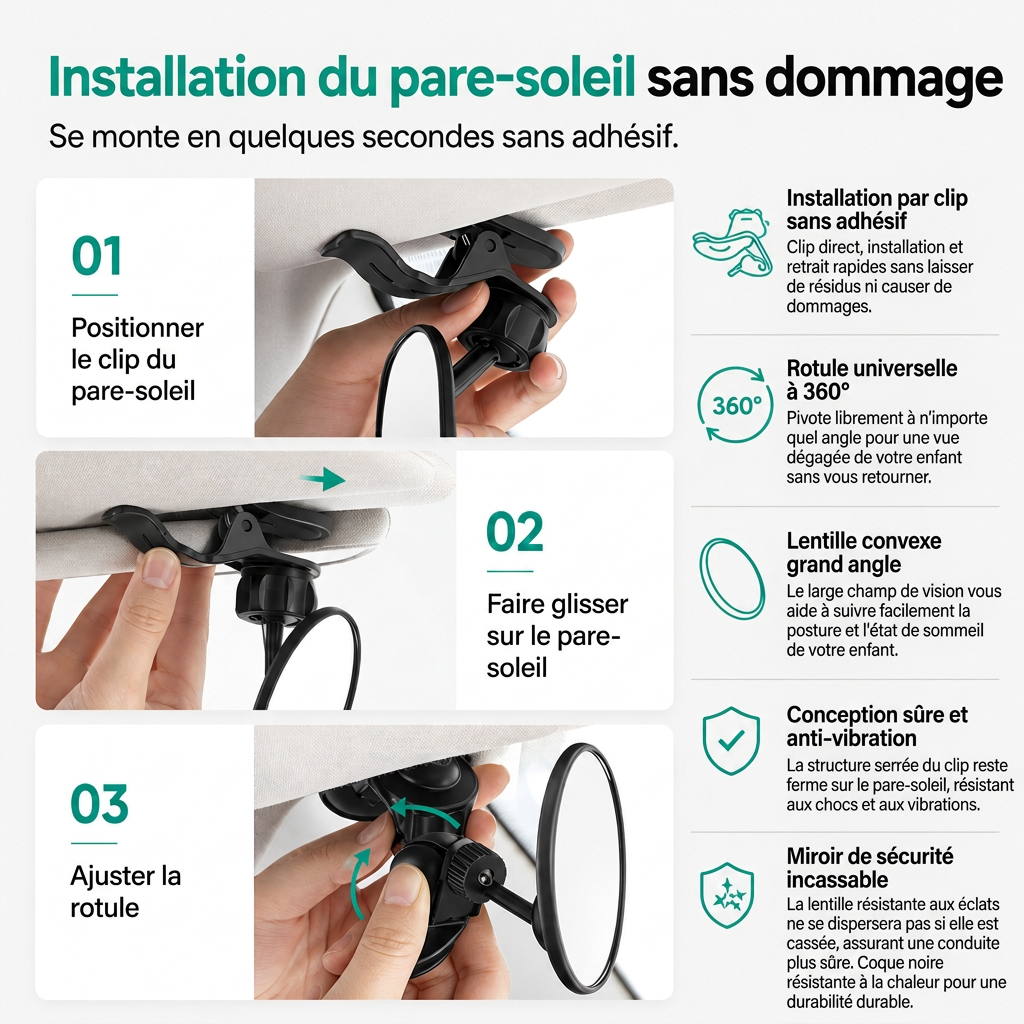 🚗 50% DE RÉDUCTION LIMITÉE DANS LE TEMPS! 👀 Miroir de rétroviseur à angle convexe large – 360° rotatif, incassable, double monture ✨