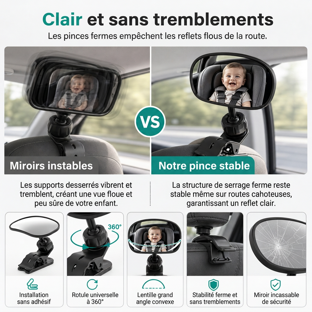 🚗 50% DE RÉDUCTION LIMITÉE DANS LE TEMPS! 👀 Miroir de rétroviseur à angle convexe large – 360° rotatif, incassable, double monture ✨