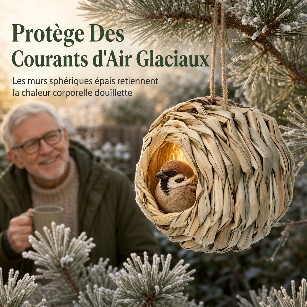 Nid d'oiseau sphérique en paille tressée à la main, avec ouverture ronde, pour la décoration des jardins et des cours extérieurs
