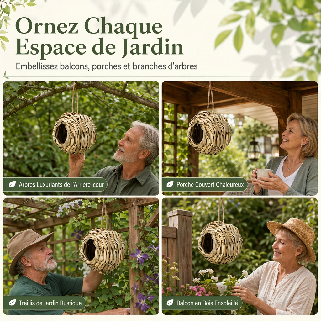 Nid d'oiseau sphérique en paille tressée à la main, avec ouverture ronde, pour la décoration des jardins et des cours extérieurs