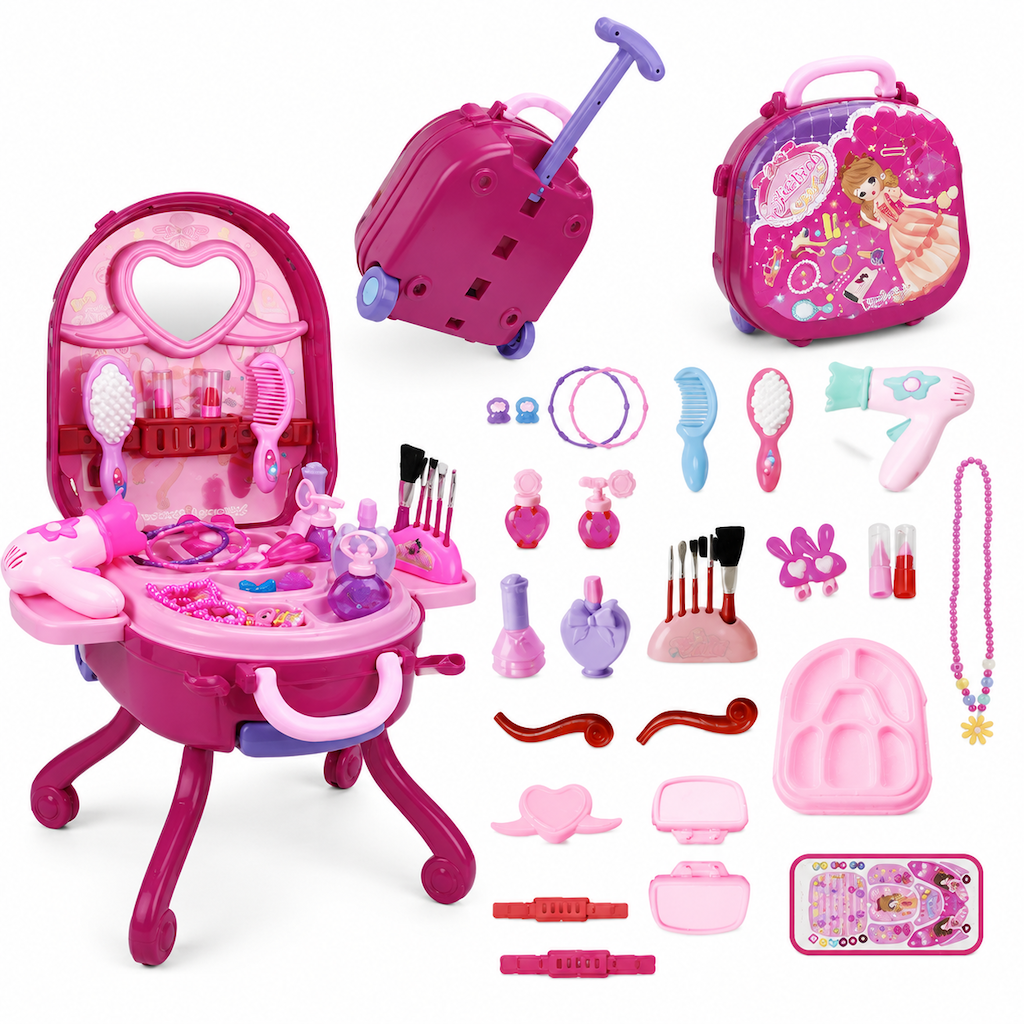 👑 Offre limitée : -50% ! 🎀 Valise vanité de maquillage 3-en-1 pour enfants – Salon avec roulette, 31 accessoires de jeu, installation facile à clips 🧳