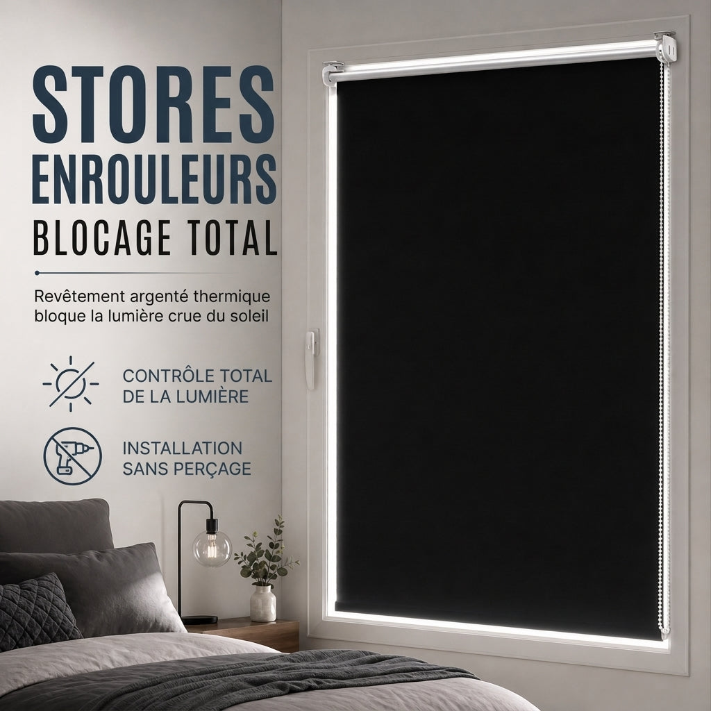 🪟 Store enrouleur 100% occultant : tissu à 3 couches, bloque la chaleur, fixation sans perçage, sans danger pour les enfants