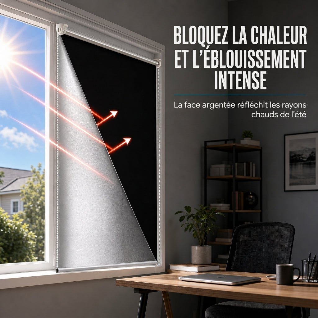 🪟 Store enrouleur 100% occultant : tissu à 3 couches, bloque la chaleur, fixation sans perçage, sans danger pour les enfants
