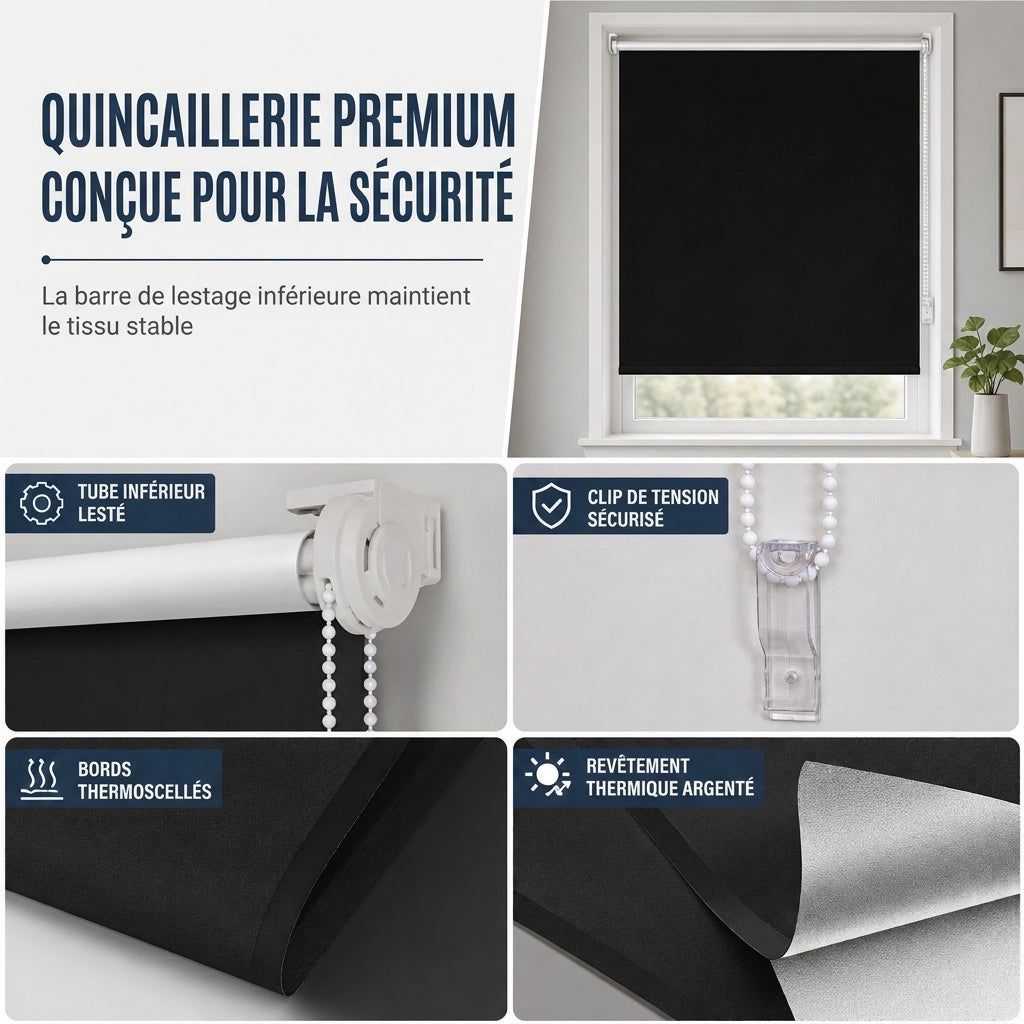 🪟 Store enrouleur 100% occultant : tissu à 3 couches, bloque la chaleur, fixation sans perçage, sans danger pour les enfants