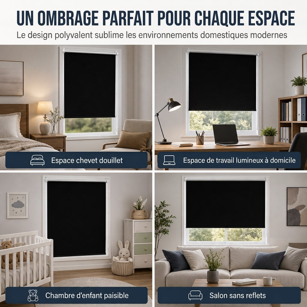 🪟 Store enrouleur 100% occultant : tissu à 3 couches, bloque la chaleur, fixation sans perçage, sans danger pour les enfants
