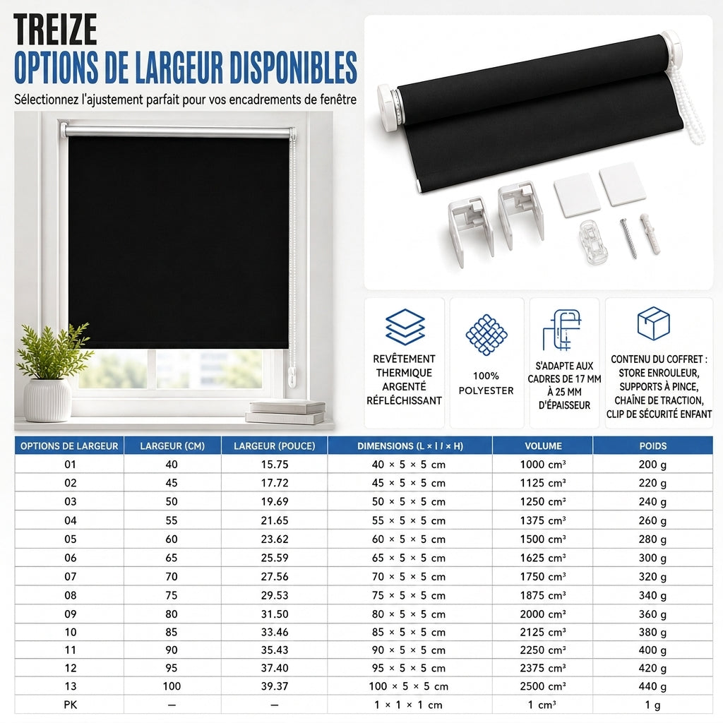 🪟 Store enrouleur 100% occultant : tissu à 3 couches, bloque la chaleur, fixation sans perçage, sans danger pour les enfants