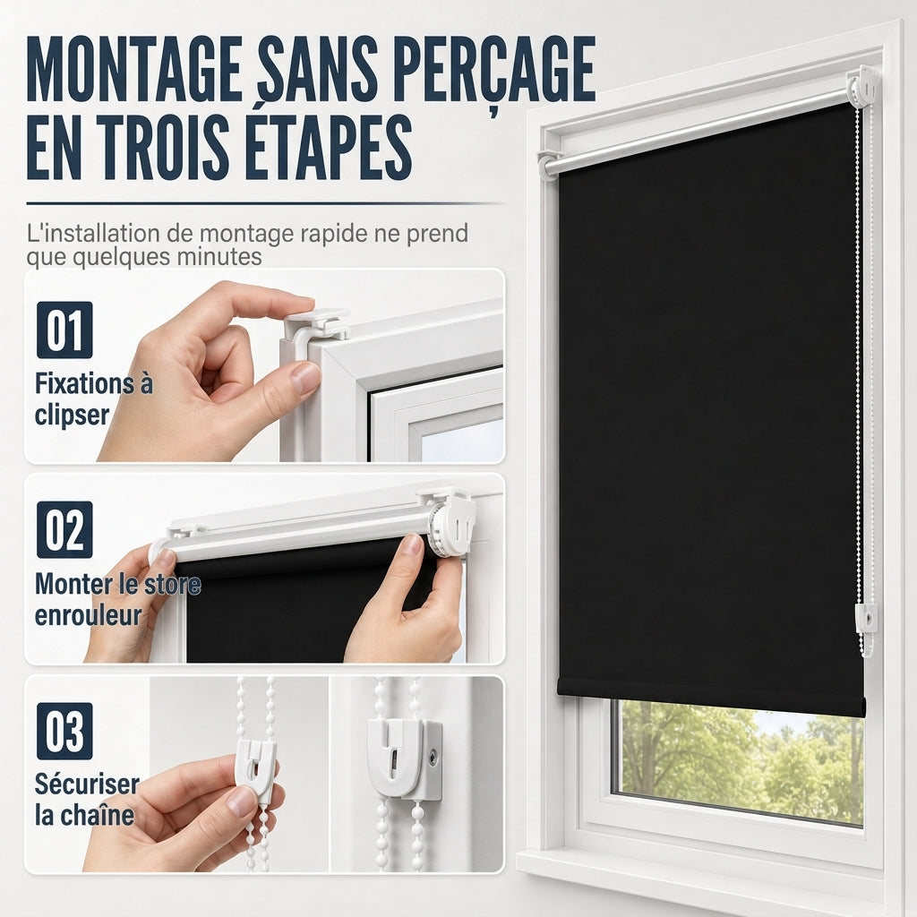 🪟 Store enrouleur 100% occultant : tissu à 3 couches, bloque la chaleur, fixation sans perçage, sans danger pour les enfants